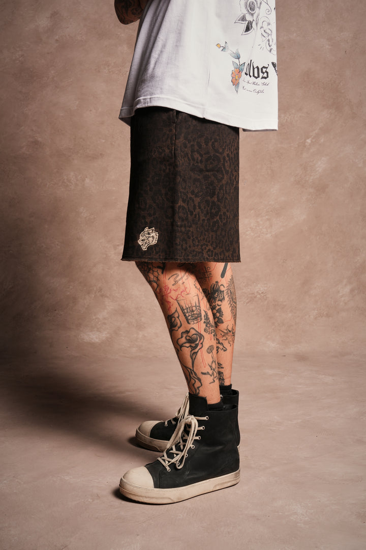 Dual Grunge Oversized Raw Hem Post Lounge Sweat Shorts in Darc Brown Leopard