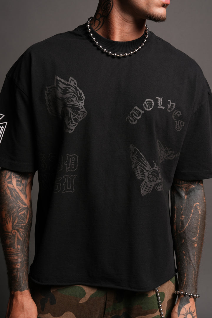 Flash Core Grunge Mid Length Raw Hem Tee In Black