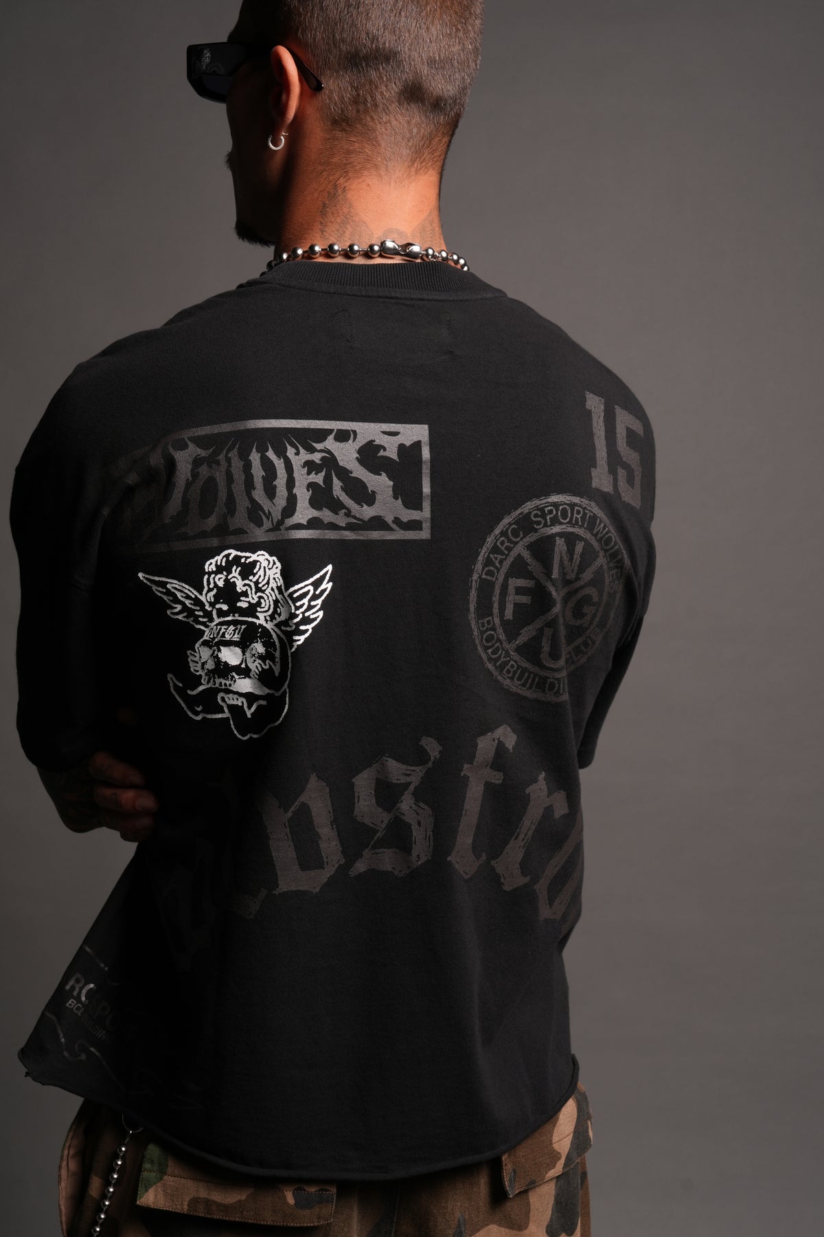 Flash Core Grunge Mid Length Raw Hem Tee In Black