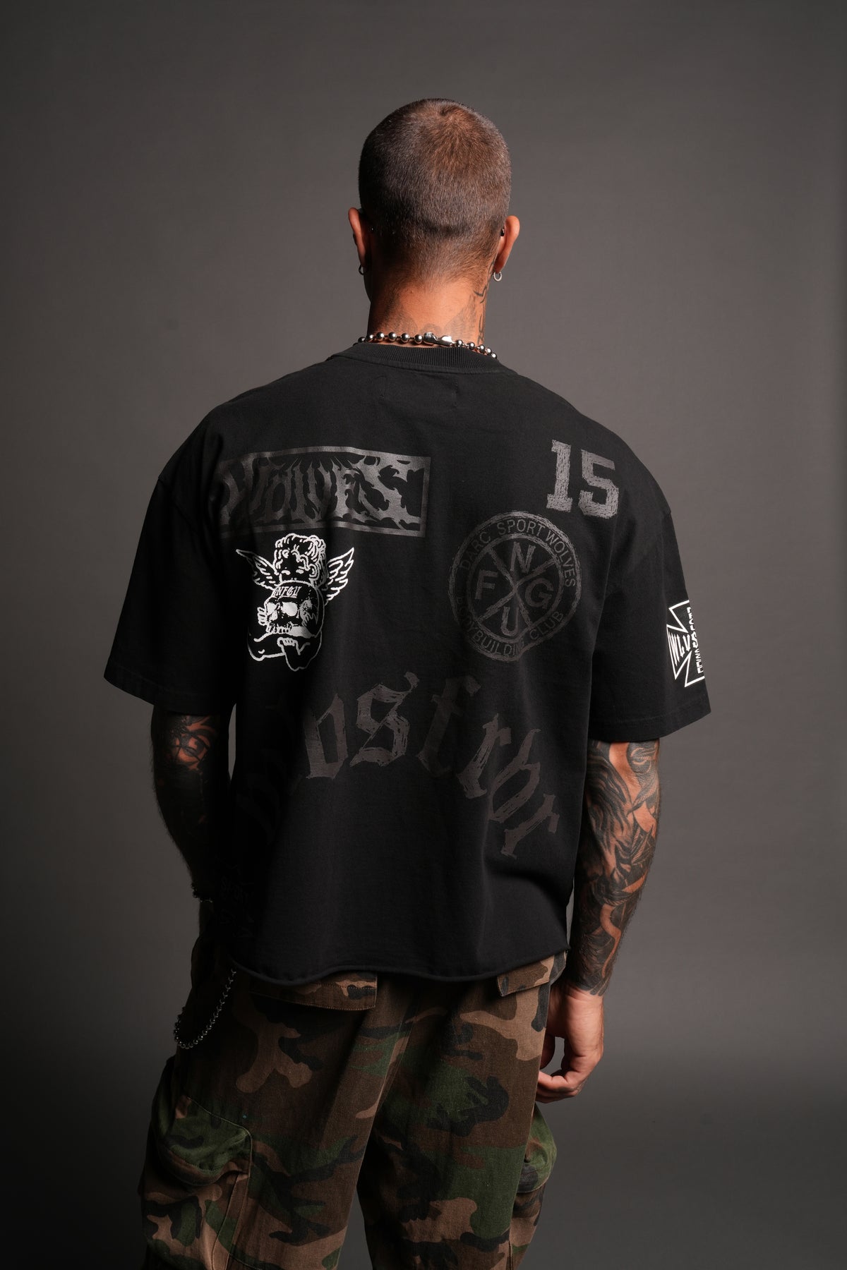 Flash Core Grunge Mid Length Raw Hem Tee In Black