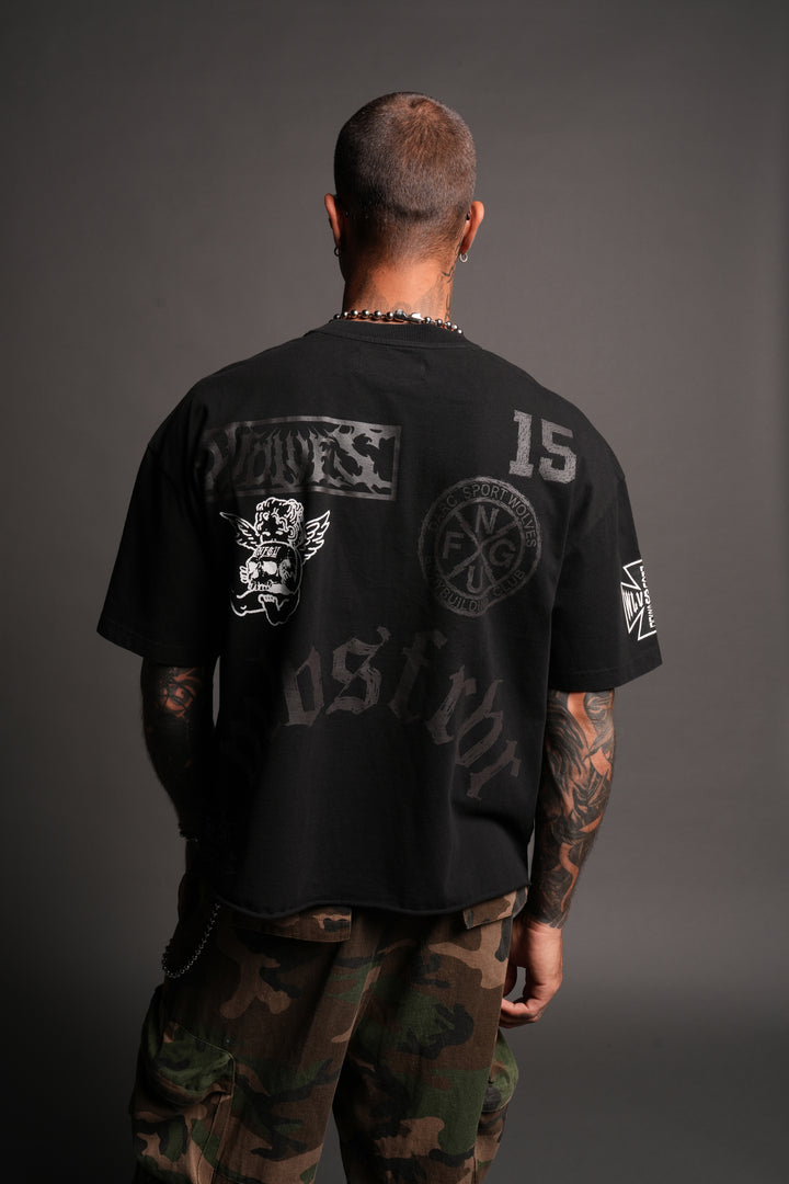 Flash Core Grunge Mid Length Raw Hem Tee In Black