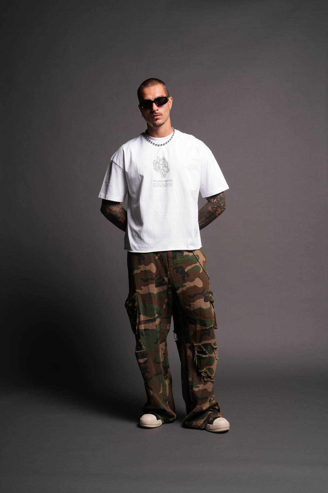 Wolves Have Your Back Distressed Grunge Mid Length Raw Hem Tee In White