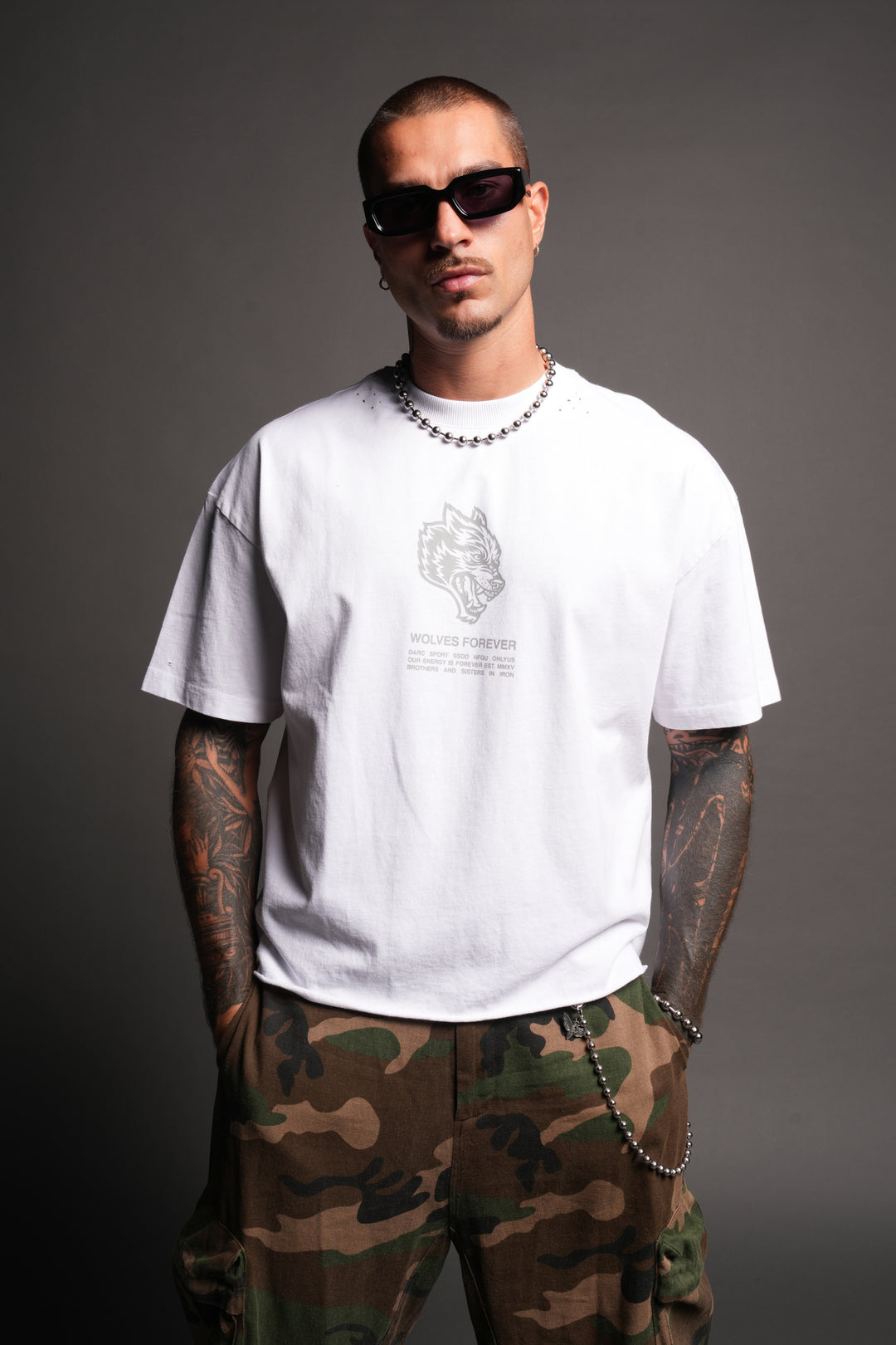 Wolves Have Your Back Distressed Grunge Mid Length Raw Hem Tee In White