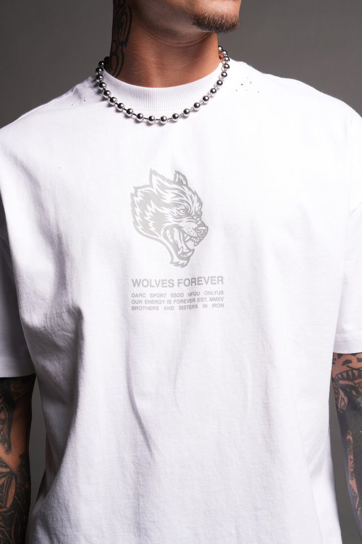 Wolves Have Your Back Distressed Grunge Mid Length Raw Hem Tee In White