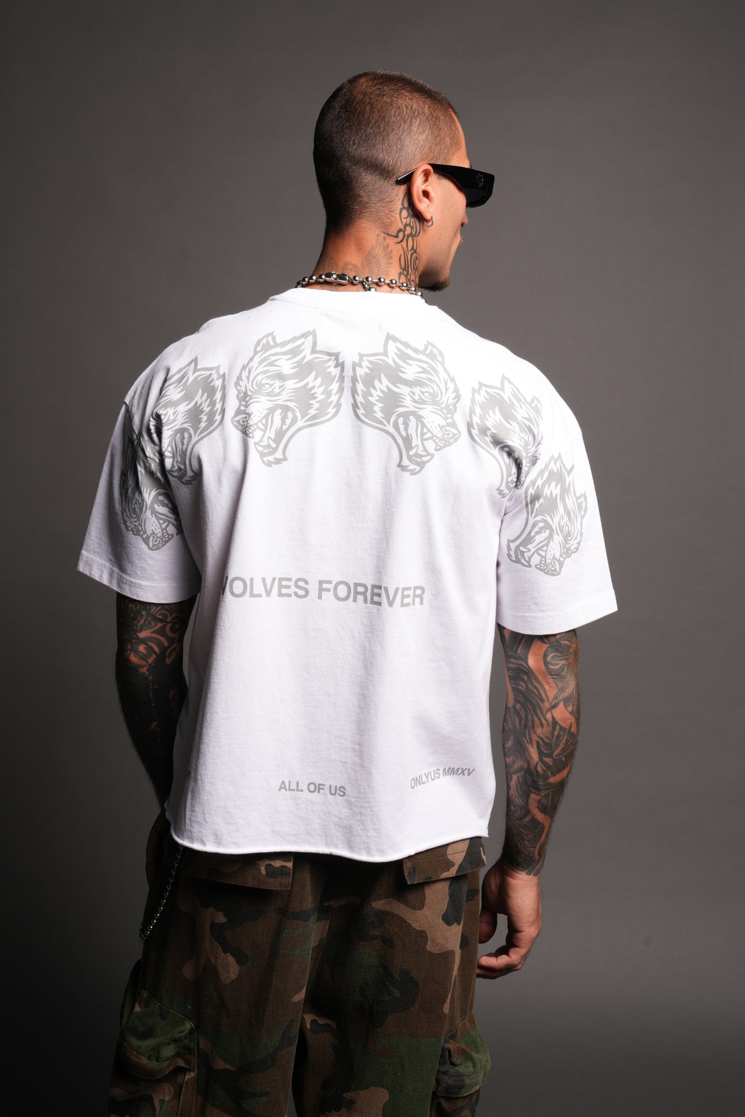 Wolves Have Your Back Distressed Grunge Mid Length Raw Hem Tee In White
