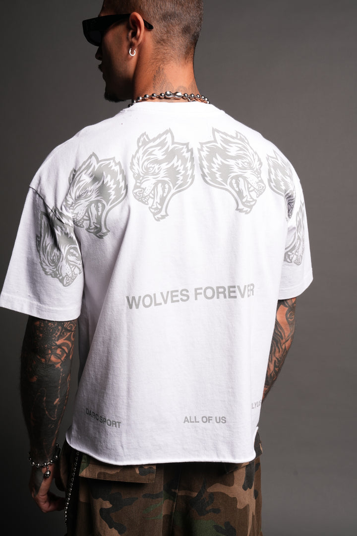 Wolves Have Your Back Distressed Grunge Mid Length Raw Hem Tee In White