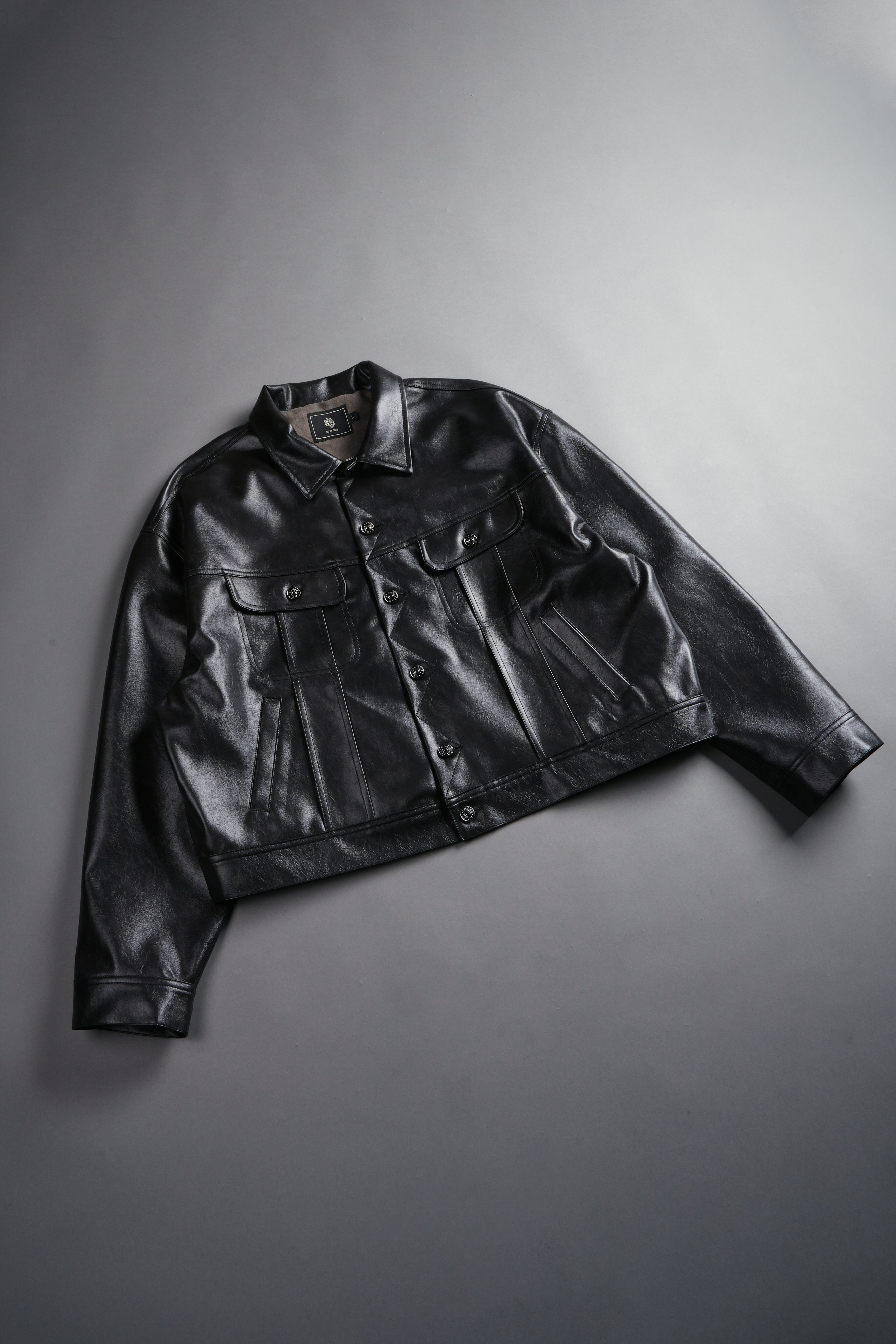 Single Wolf Faux Leather American Cropped Jacket in Darc Charcoal