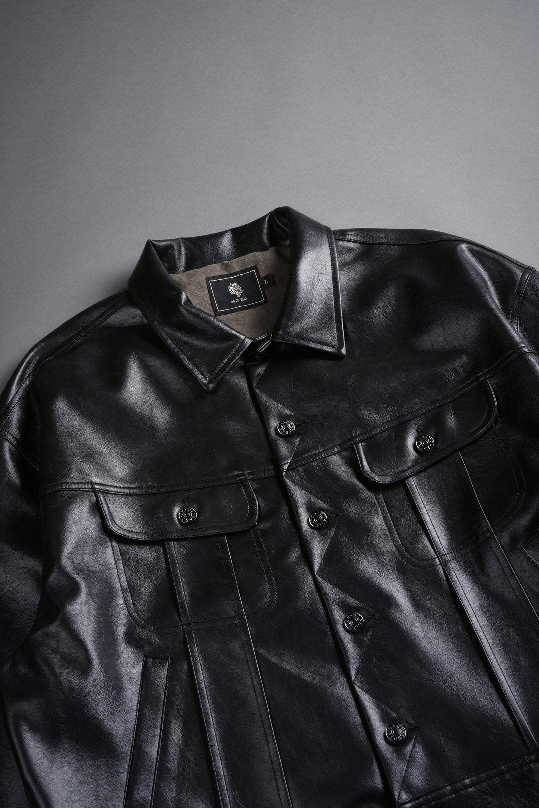 Single Wolf Faux Leather American Cropped Jacket in Darc Charcoal