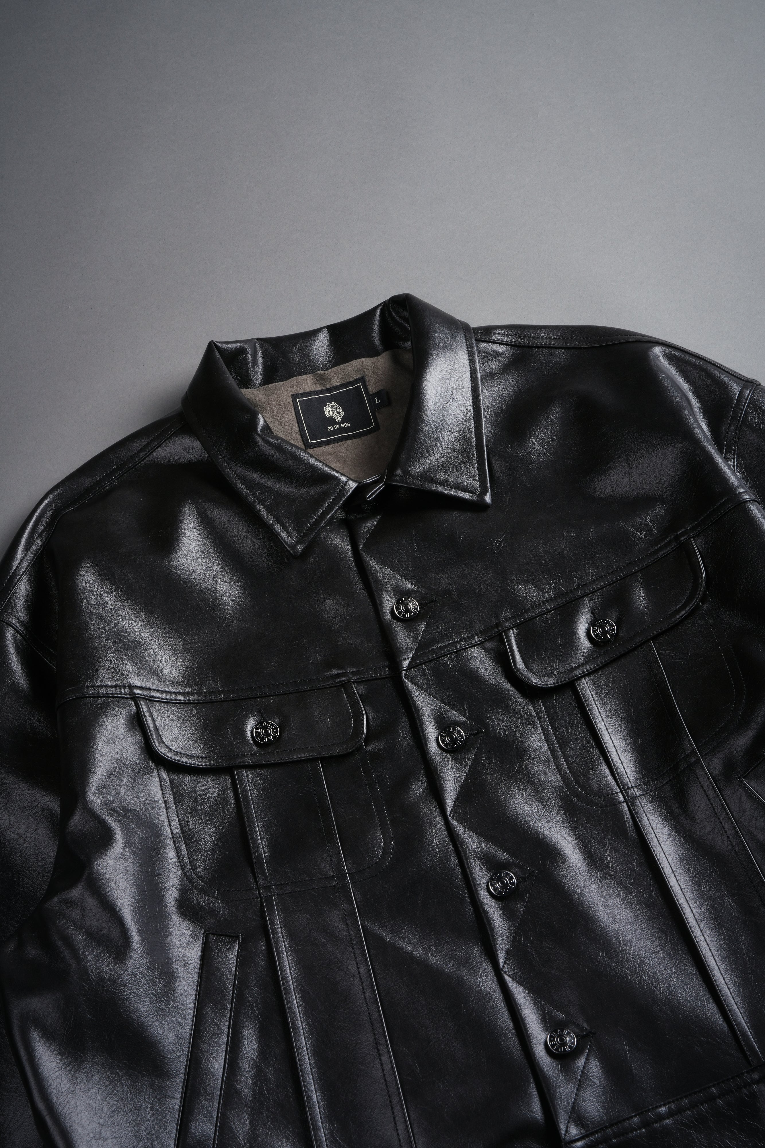 Single Wolf Faux Leather American Cropped Jacket in Darc Charcoal
