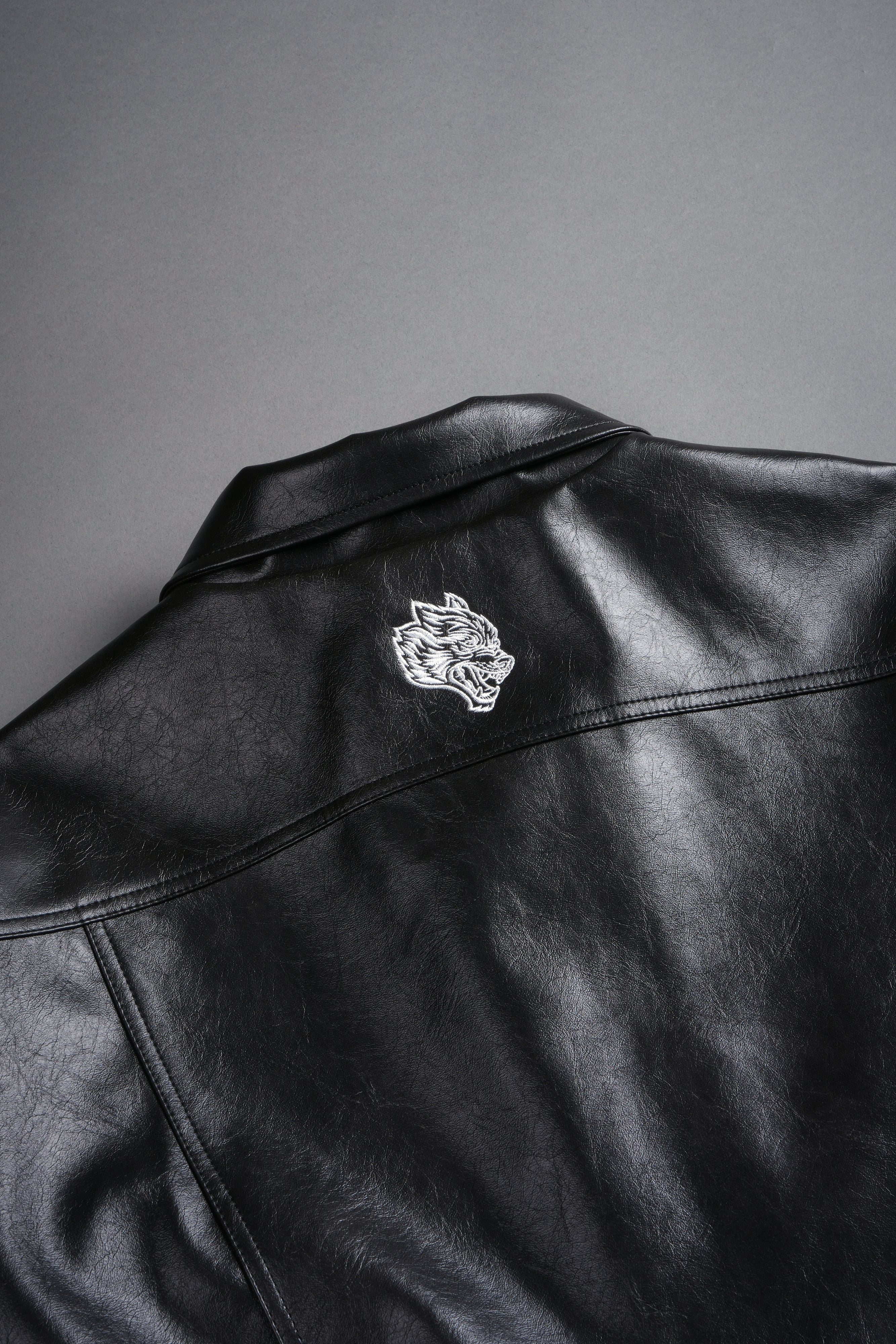Single Wolf Faux Leather American Cropped Jacket in Darc Charcoal
