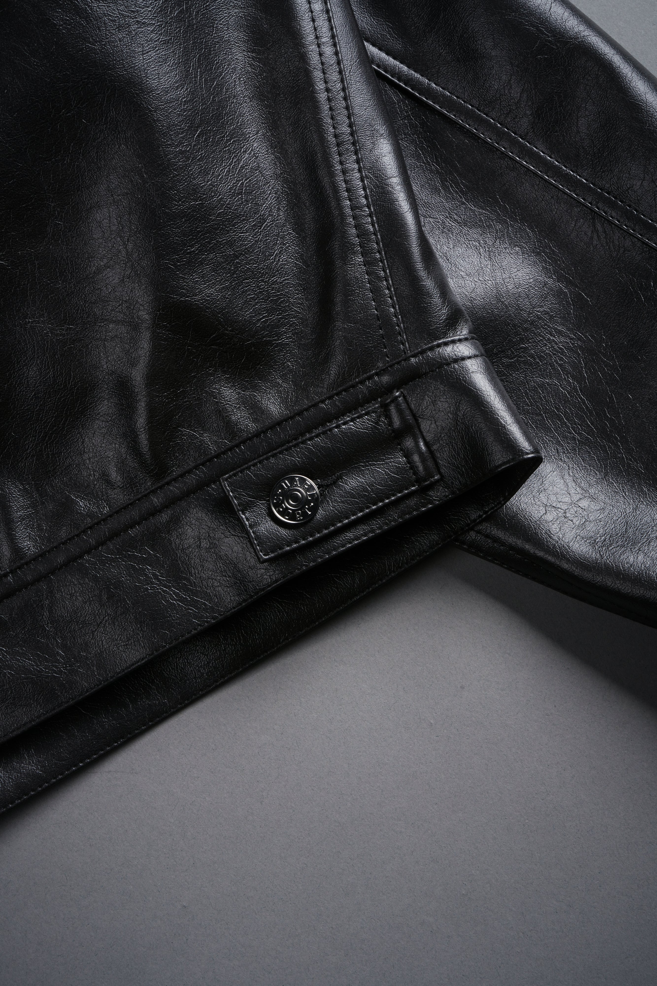 Single Wolf Faux Leather American Cropped Jacket in Darc Charcoal