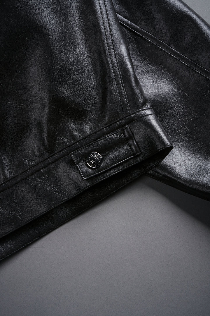 Single Wolf Faux Leather American Cropped Jacket in Darc Charcoal