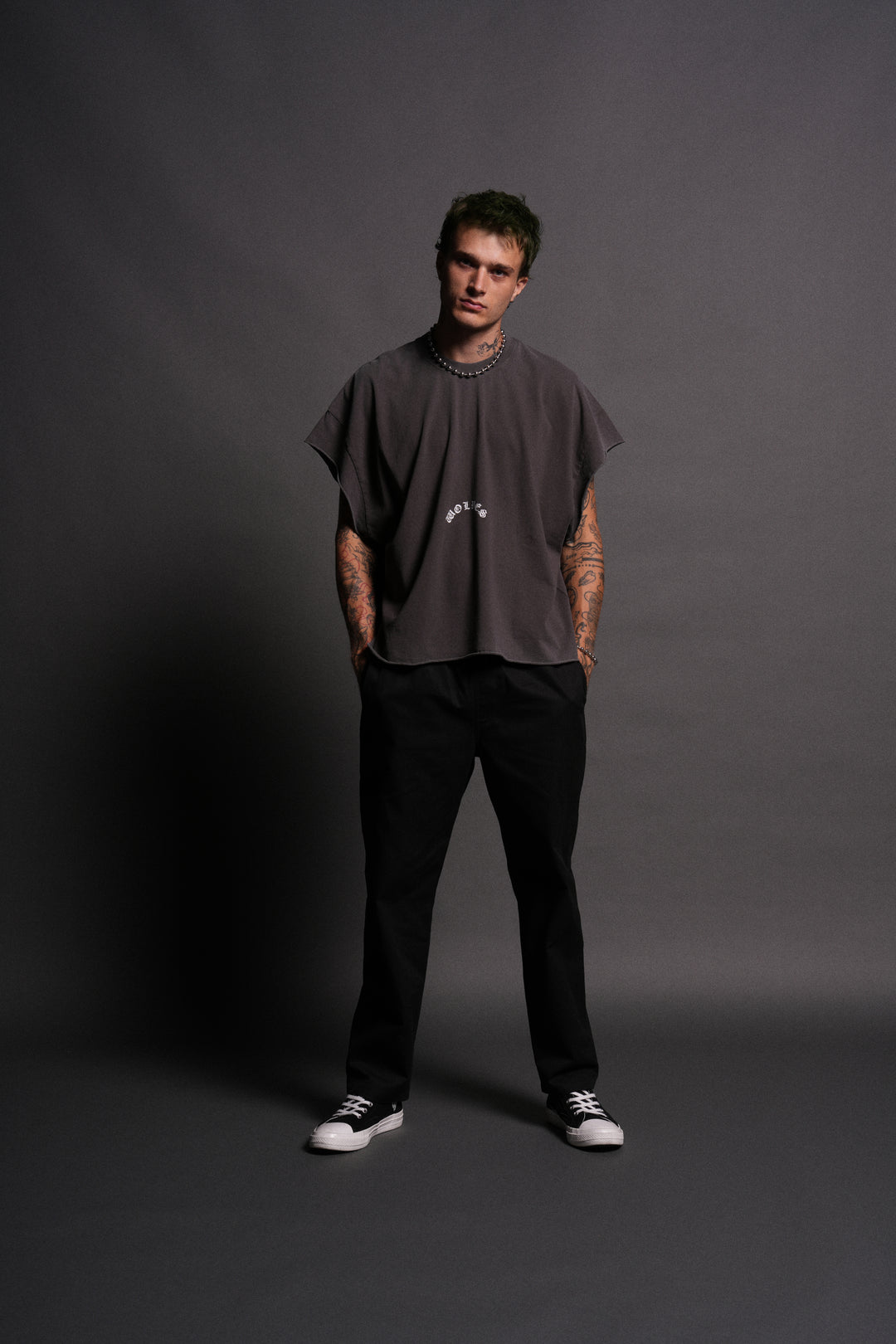 The Batman Forever Grunge Cut-Off Tee in Wolf Gray
