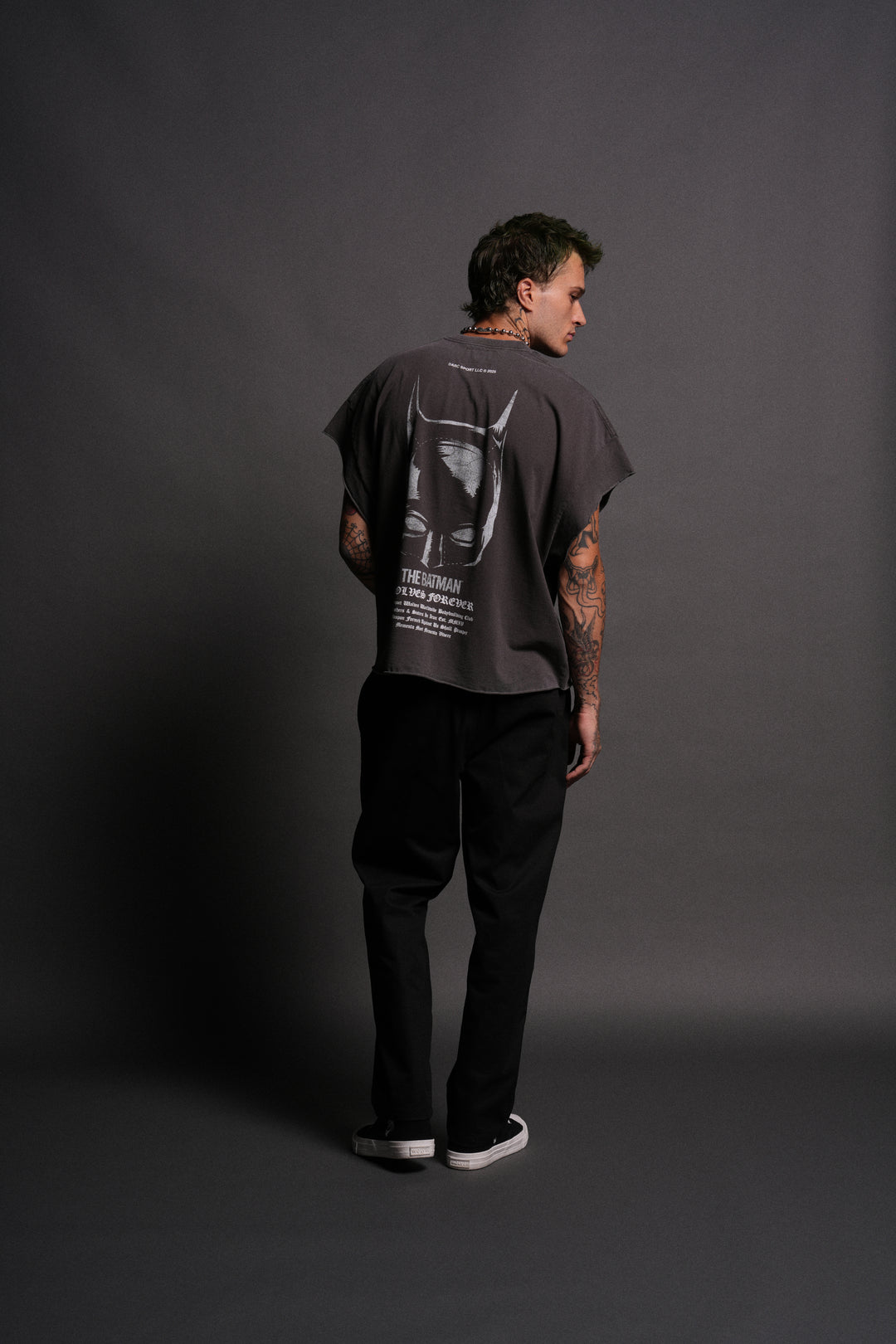 The Batman Forever Grunge Cut-Off Tee in Wolf Gray