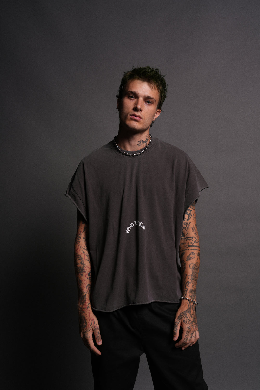The Batman Forever Grunge Cut-Off Tee in Wolf Gray
