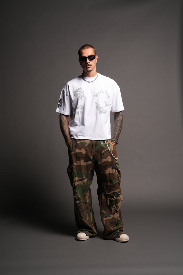 Flash Core Grunge Mid Length Raw Hem Tee In White