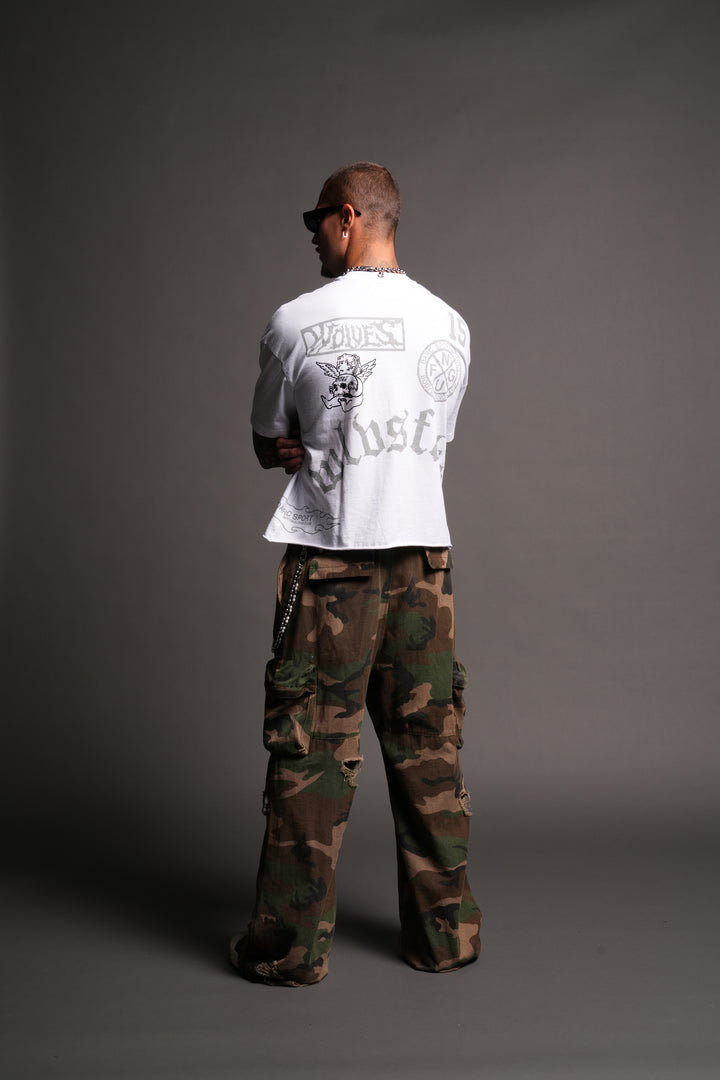 Flash Core Grunge Mid Length Raw Hem Tee In White