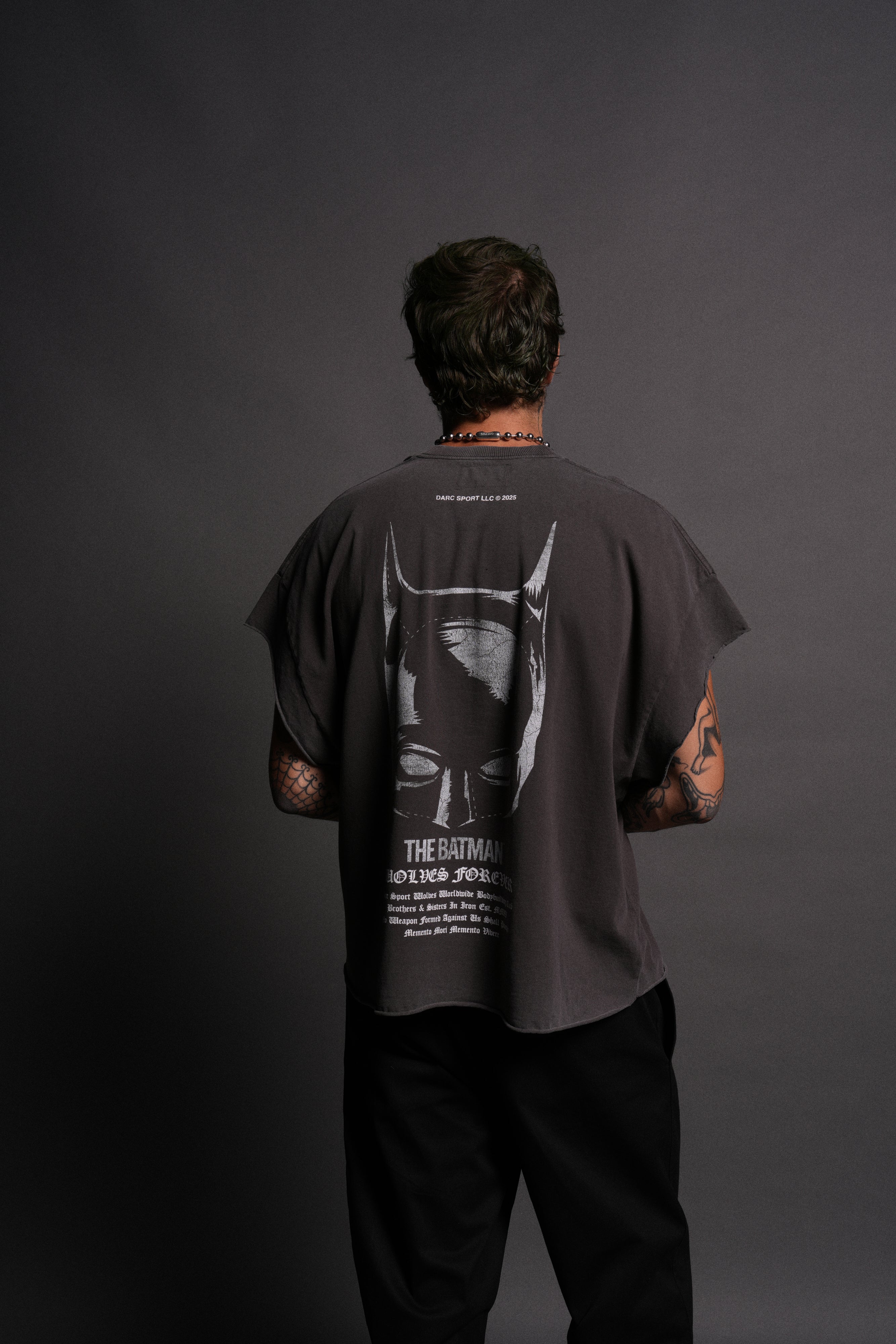 The Batman Forever Grunge Cut-Off Tee in Wolf Gray