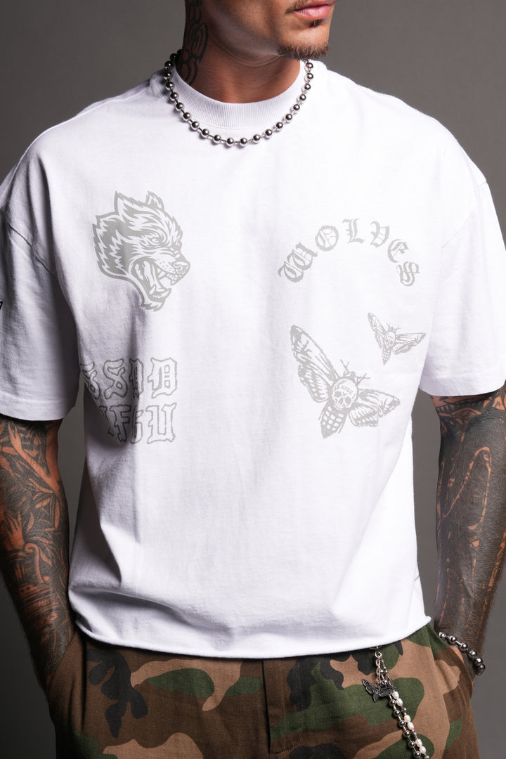 Flash Core Grunge Mid Length Raw Hem Tee In White