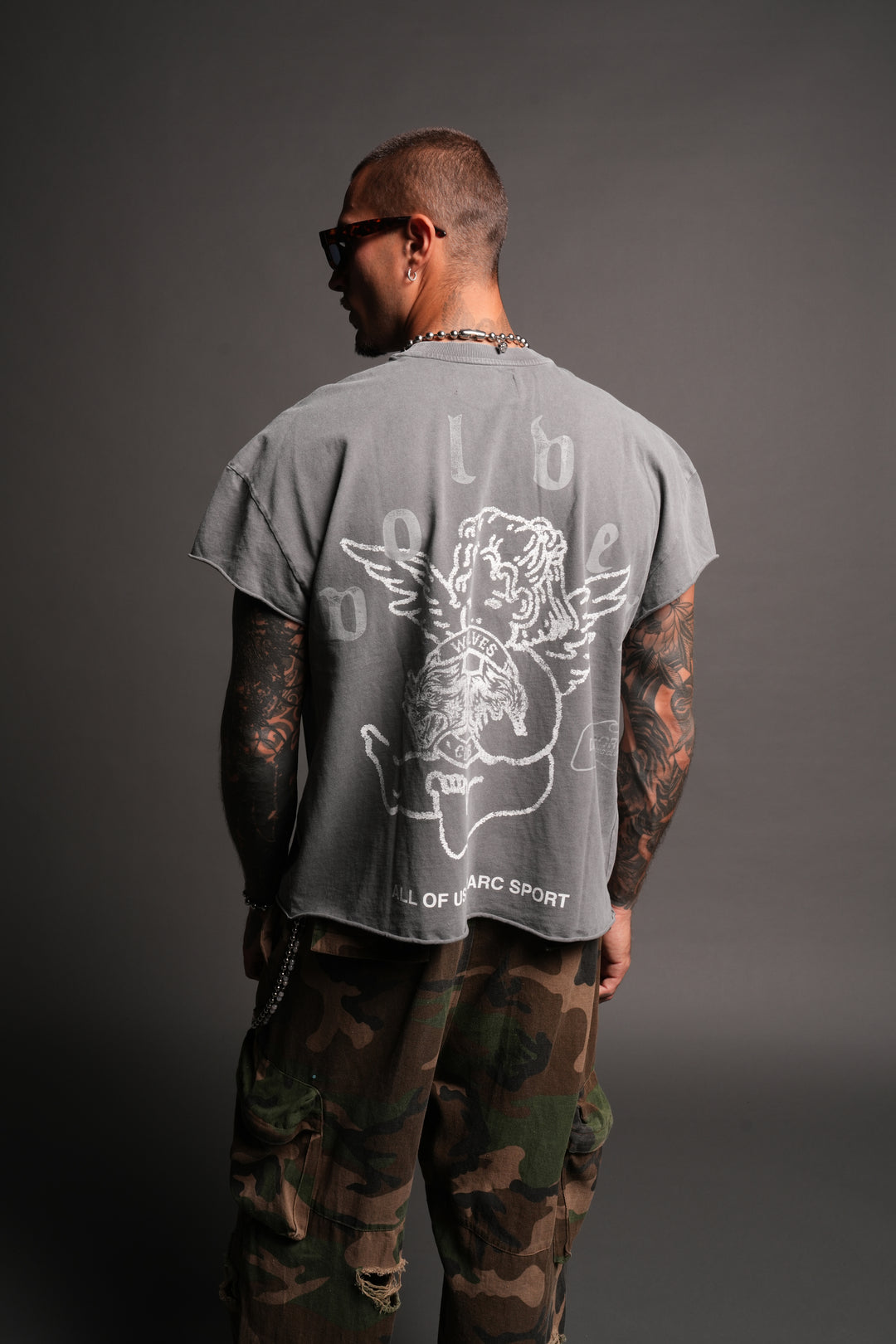 Wolves Club Cherub Grunge Mid Length Raw Hem Cap Sleeve Tee In Slate Gray