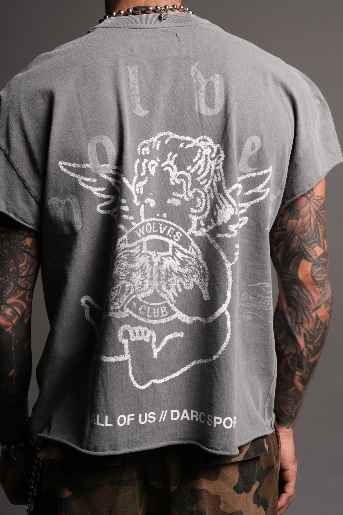 Wolves Club Cherub Grunge Mid Length Raw Hem Cap Sleeve Tee In Slate Gray
