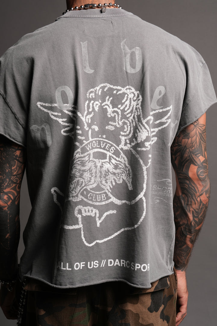 Wolves Club Cherub Grunge Mid Length Raw Hem Cap Sleeve Tee In Slate Gray