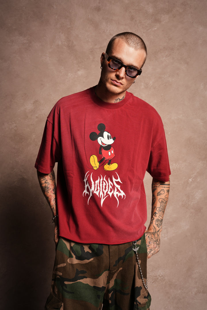 Mickey Mouse Hesh Premium Raw Hem Box Cut Tee in Carmine Red Sun Fade