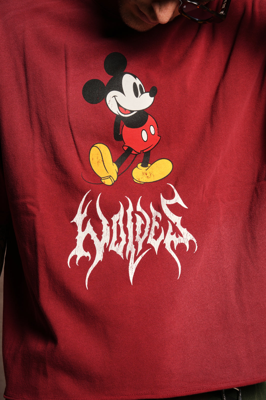 Mickey Mouse Hesh Premium Raw Hem Box Cut Tee in Carmine Red Sun Fade