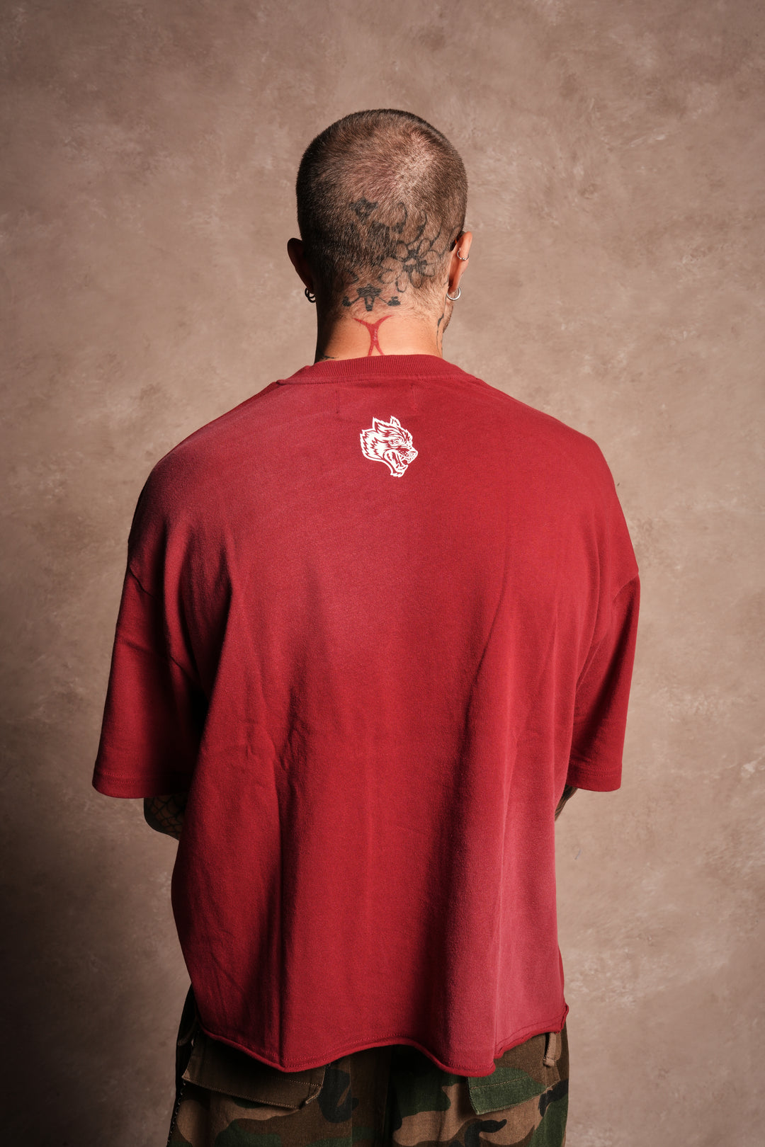 Mickey Mouse Hesh Premium Raw Hem Box Cut Tee in Carmine Red Sun Fade