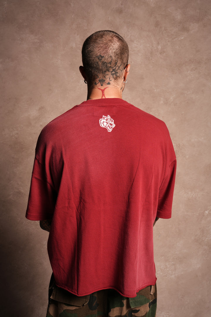 Mickey Mouse Hesh Premium Raw Hem Box Cut Tee in Carmine Red Sun Fade
