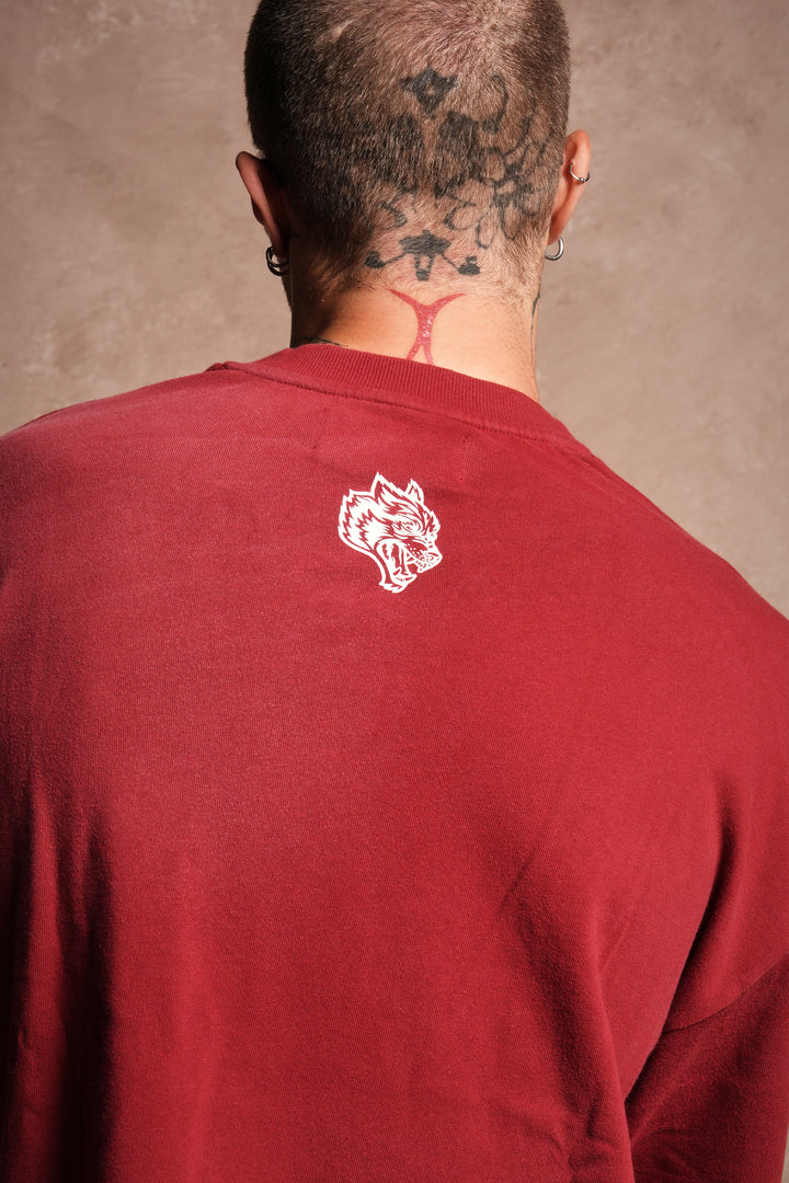 Mickey Mouse Hesh Premium Raw Hem Box Cut Tee in Carmine Red Sun Fade