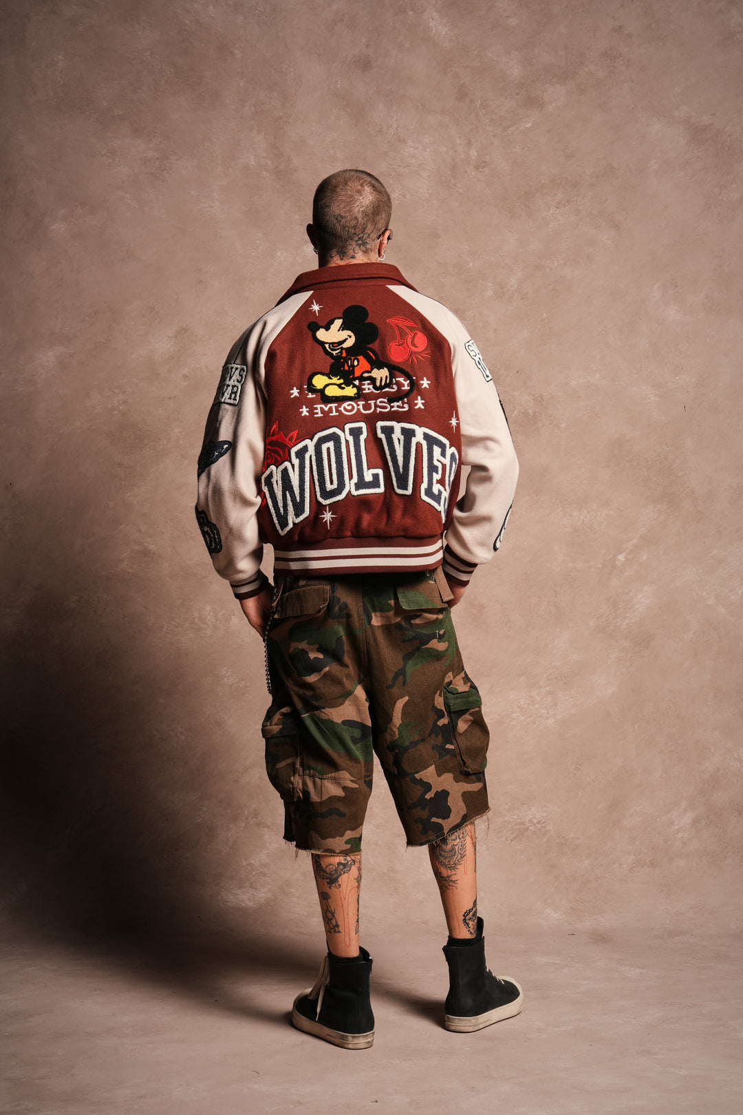 Mickey Mouse Wolves Club Roxy Box Cut Rudy Letterman Jacket in Oxblood/Clay