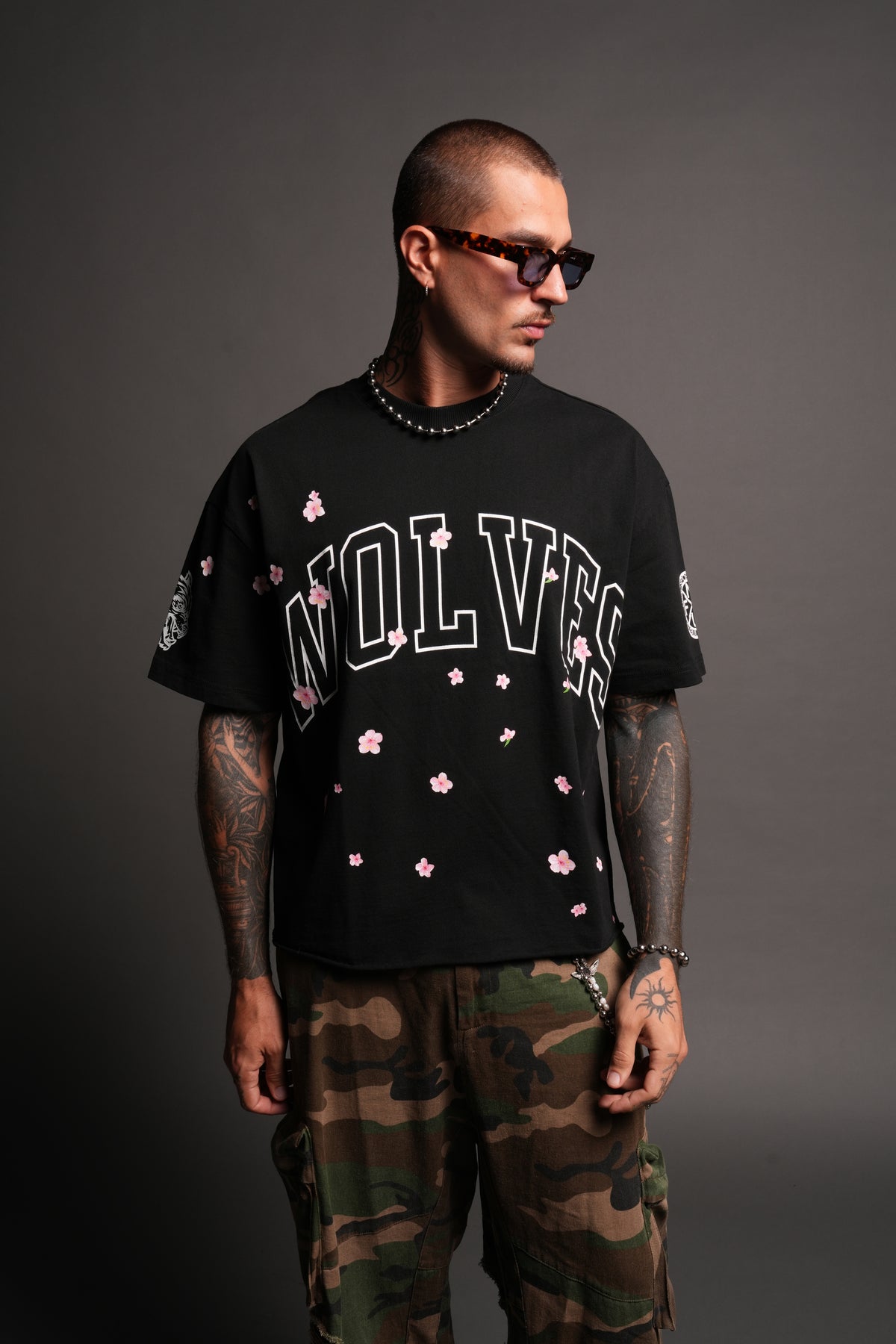 Loyalty Sakura Grunge Mid Length Raw Hem Tee In Black