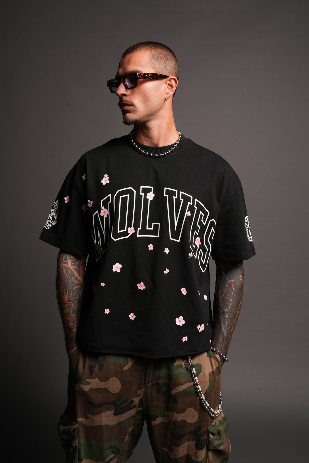 Loyalty Sakura Grunge Mid Length Raw Hem Tee In Black