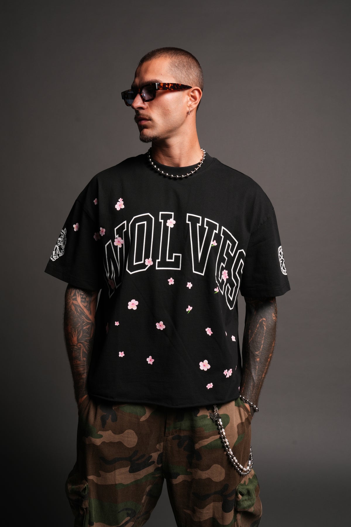 Loyalty Sakura Grunge Mid Length Raw Hem Tee In Black