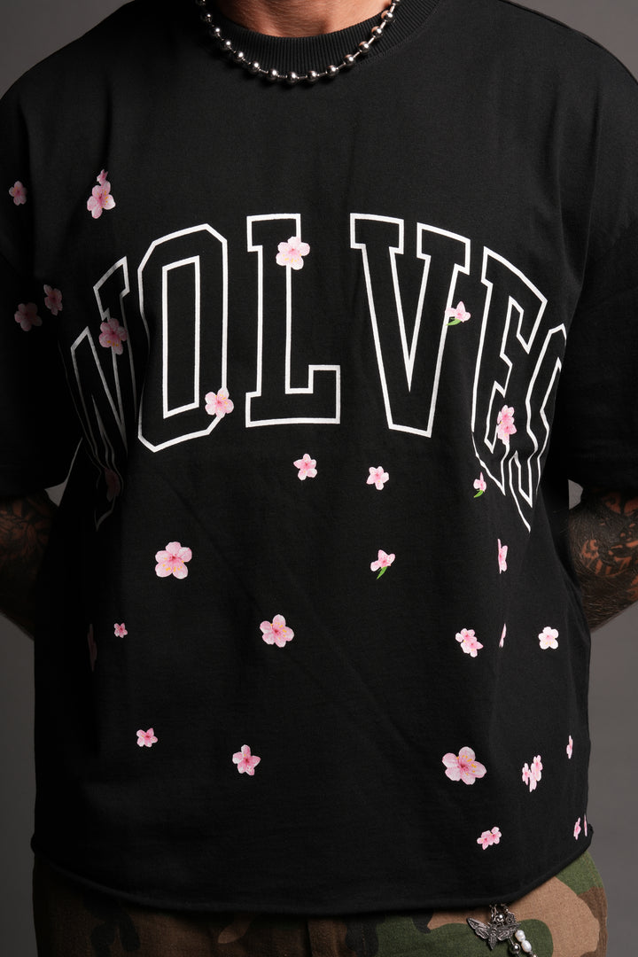 Loyalty Sakura Grunge Mid Length Raw Hem Tee In Black