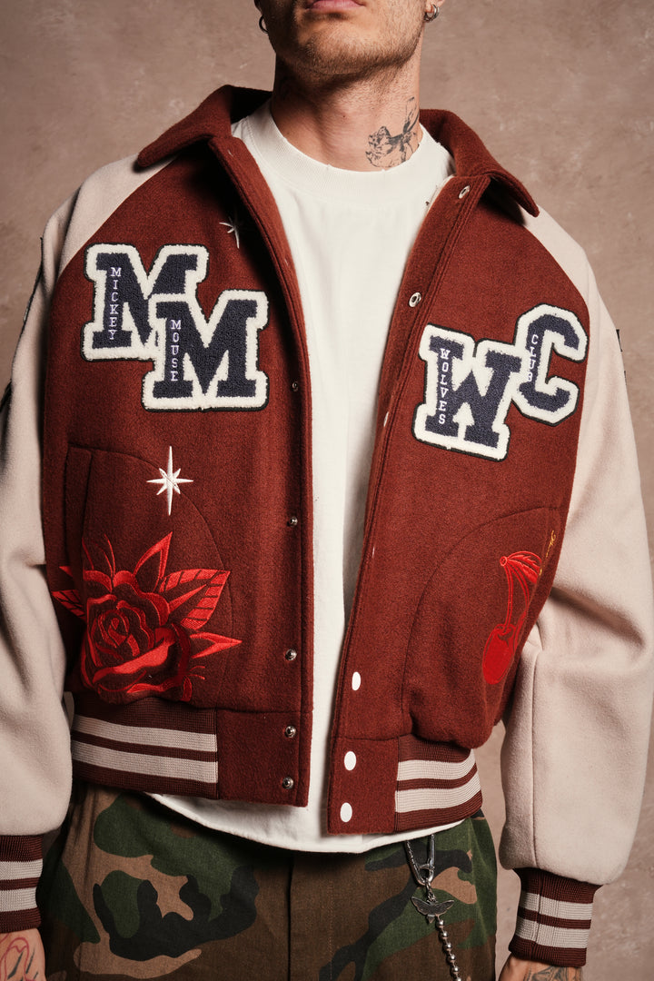 Mickey Mouse Wolves Club Roxy Box Cut Rudy Letterman Jacket in Oxblood/Clay