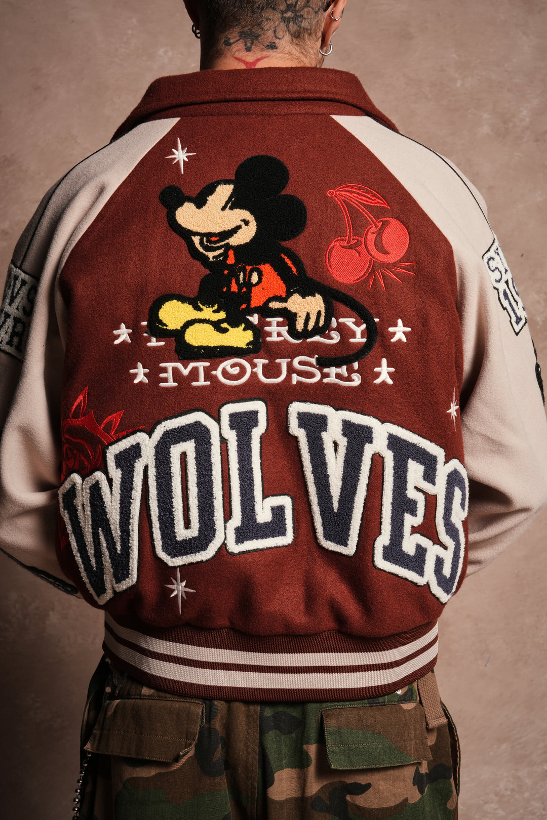 Mickey Mouse Wolves Club Roxy Box Cut Rudy Letterman Jacket in Oxblood/Clay