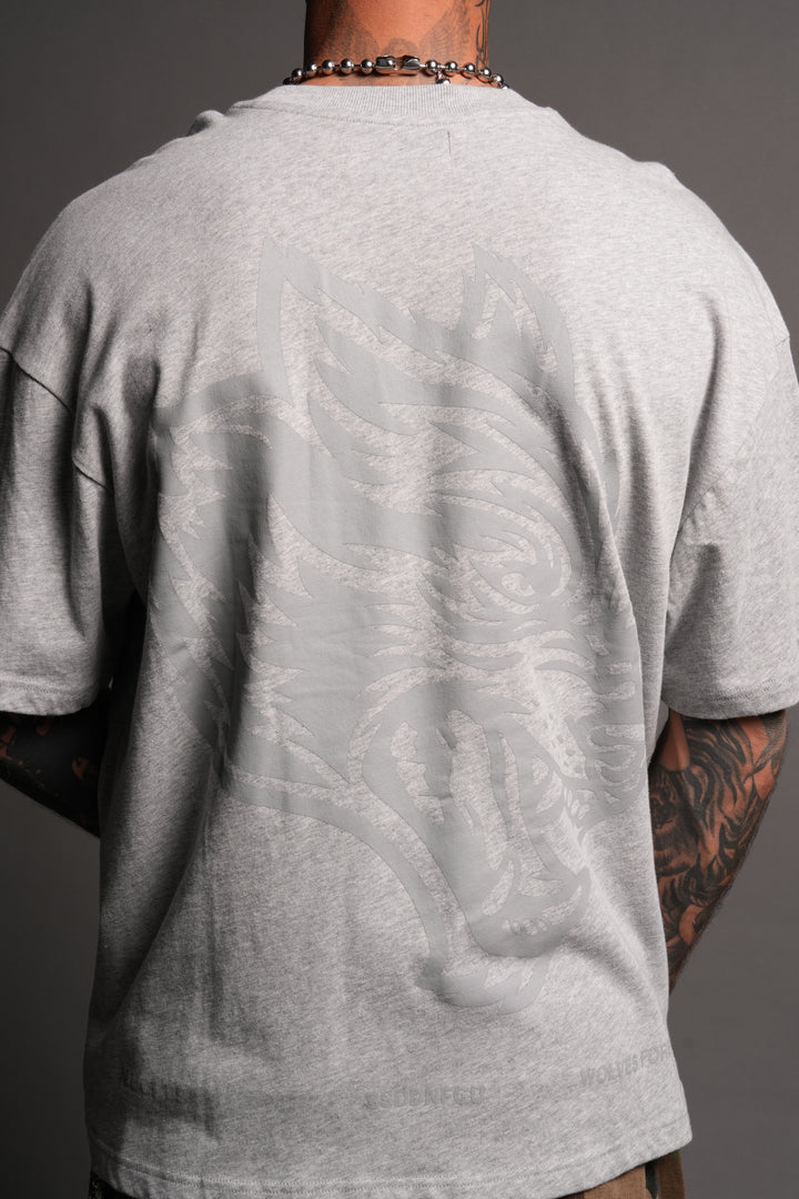 Big Wolf Head Premium Oversized Tee In Light Athletic Gray