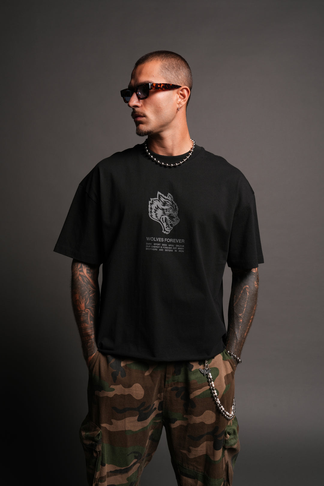 Wolves Have Your Back Distressed Grunge Mid Length Raw Hem Tee In Black