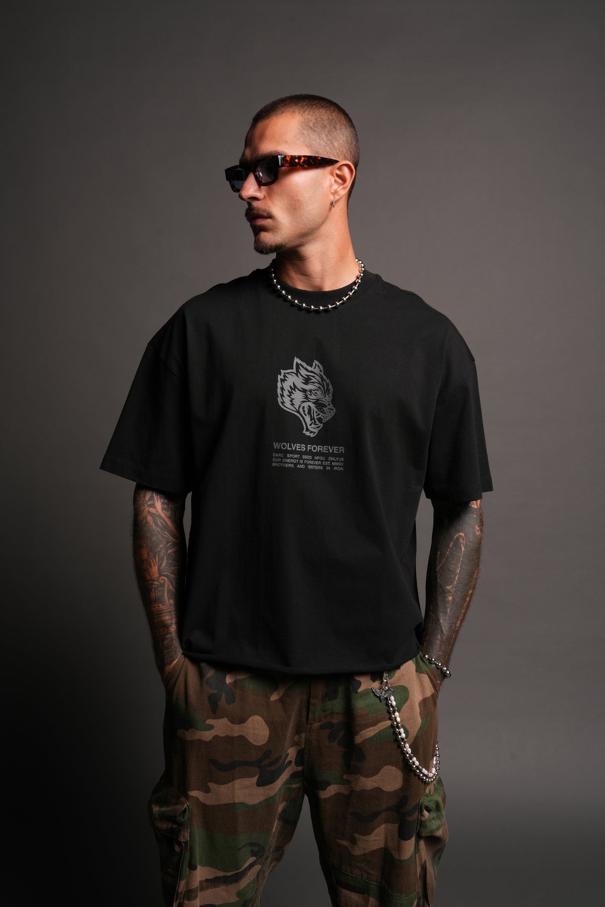 Wolves Have Your Back Distressed Grunge Mid Length Raw Hem Tee In Black