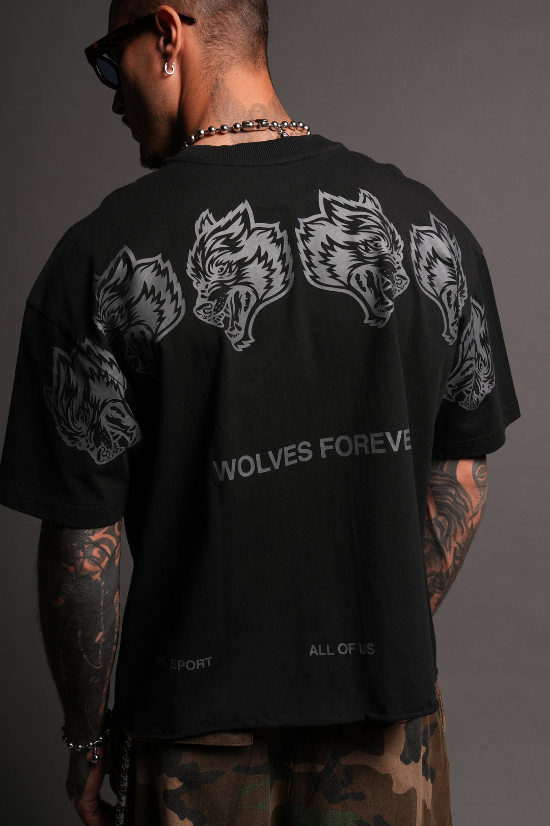 Wolves Have Your Back Distressed Grunge Mid Length Raw Hem Tee In Black