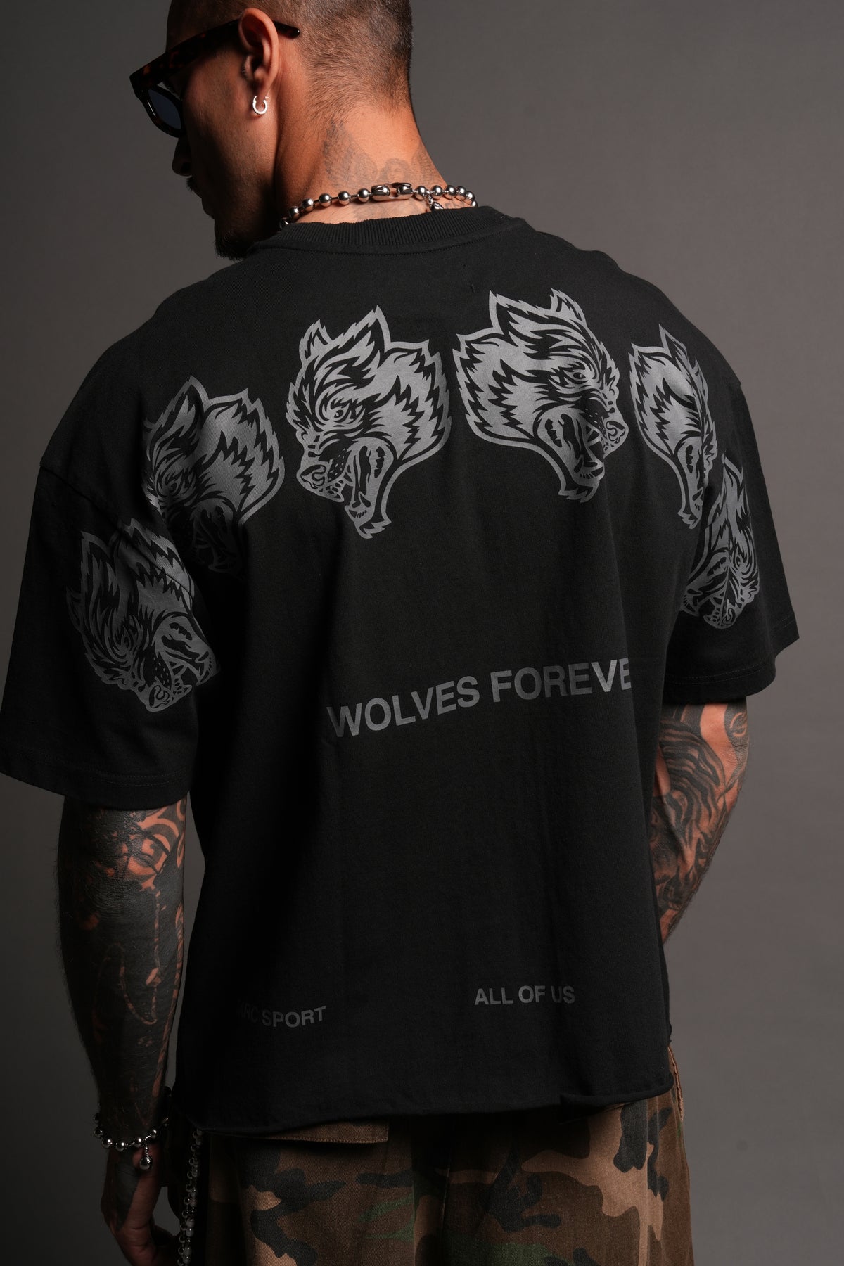 Wolves Have Your Back Distressed Grunge Mid Length Raw Hem Tee In Black