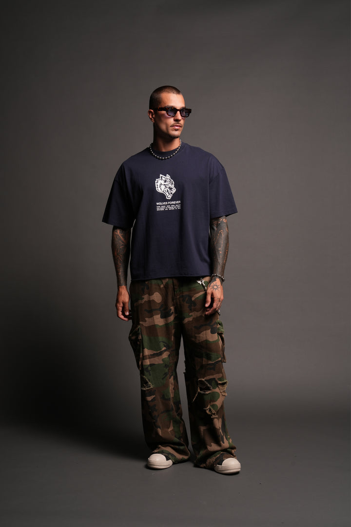 Wolves Have Your Back Distressed Grunge Mid Length Raw Hem Tee In Navy
