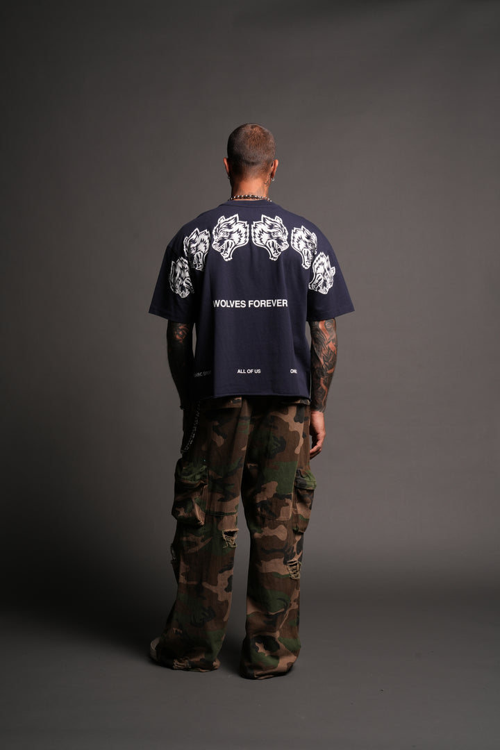 Wolves Have Your Back Distressed Grunge Mid Length Raw Hem Tee In Navy