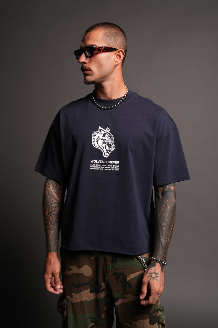 Wolves Have Your Back Distressed Grunge Mid Length Raw Hem Tee In Navy