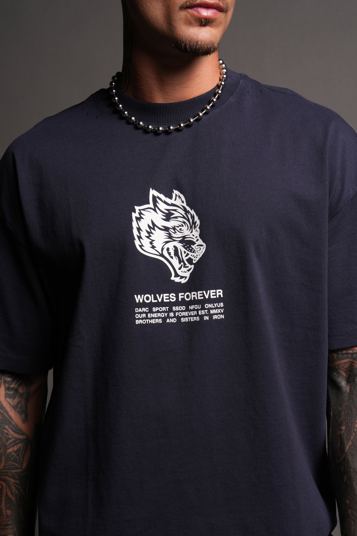Wolves Have Your Back Distressed Grunge Mid Length Raw Hem Tee In Navy