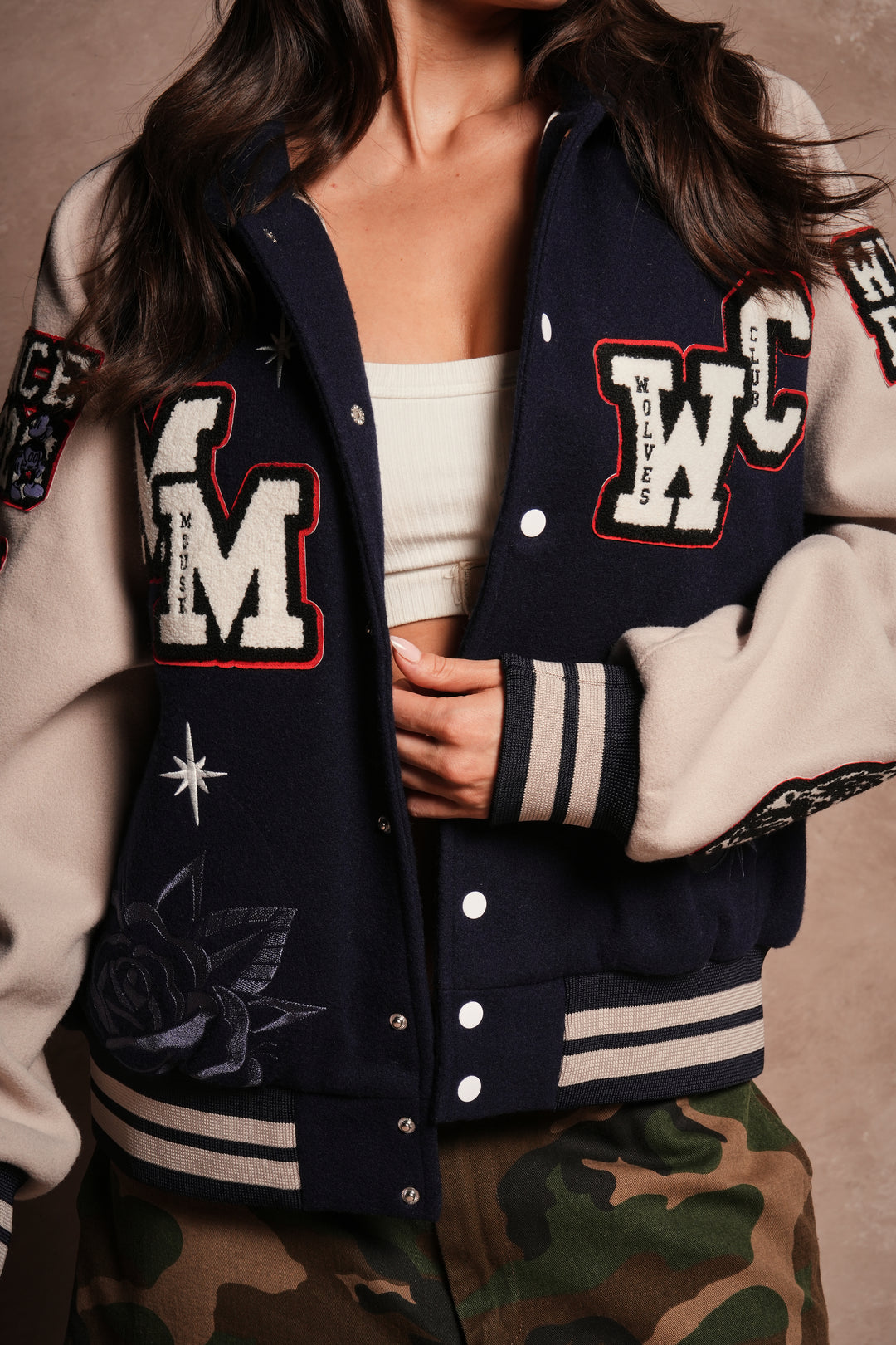 Mickey Mouse Wolves Club Roxy Box Cut Rudy Letterman Jacket in Navy/Clay