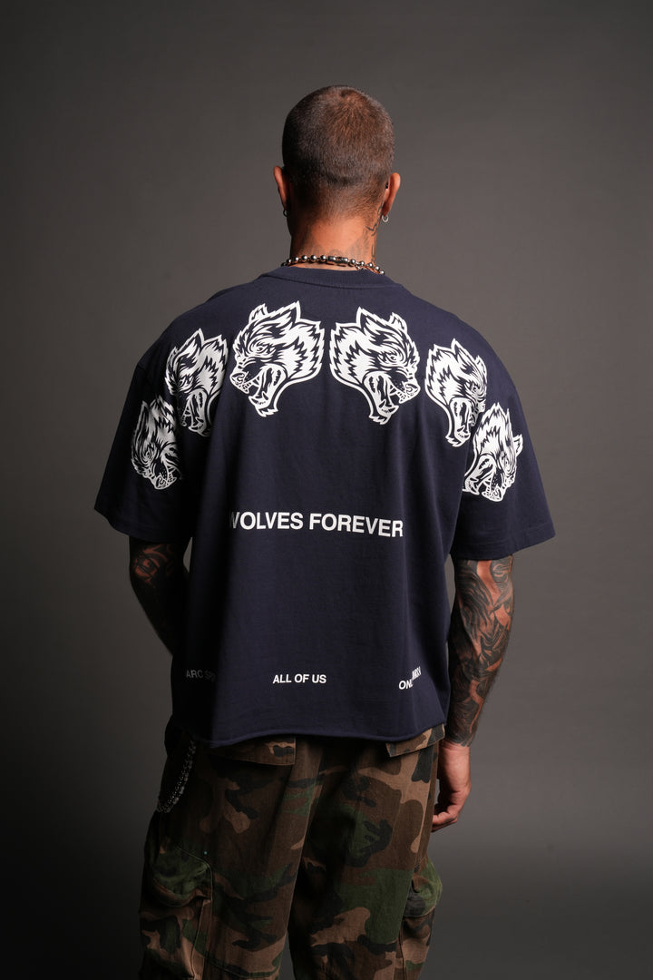 Wolves Have Your Back Distressed Grunge Mid Length Raw Hem Tee In Navy