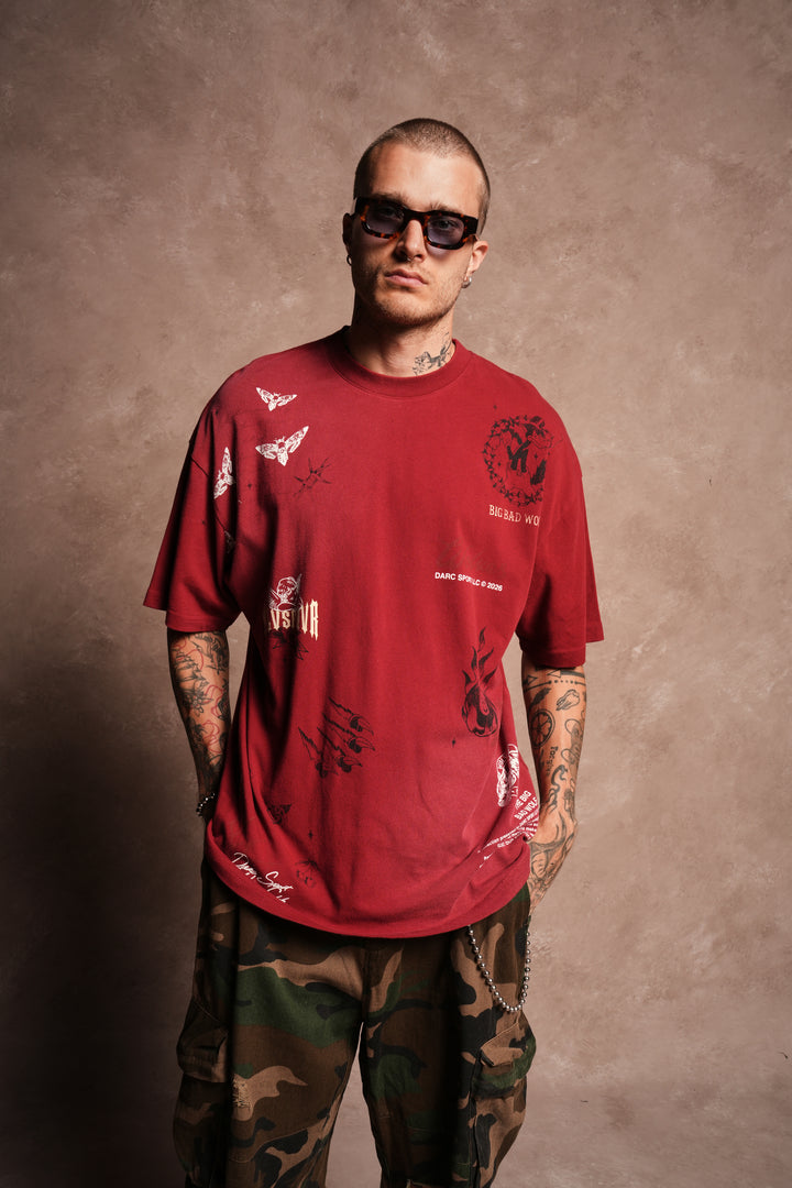 Big Bad Wolves Premium Oversized Tee in Carmine Red Sun Fade